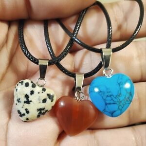 Three Natural Stone Heart charms on black leather 18" necklaces